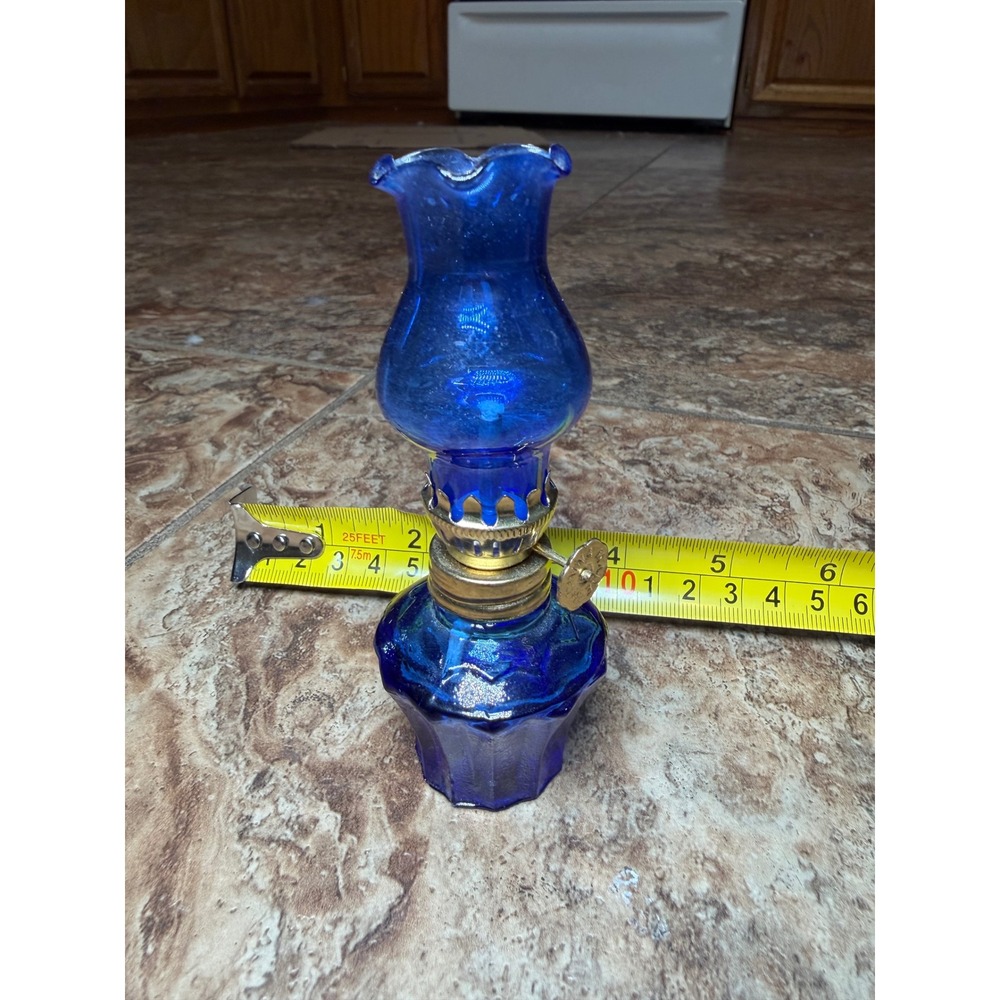 Vintage Cobalt Blue Glass Miniature Oil Lamp with Ruffled Chimney 4.5 Inch